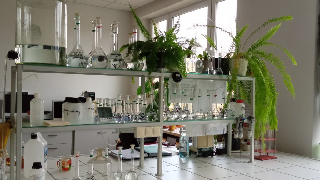 Kolbki i odczynniki stojące na stole laboratoryjnym